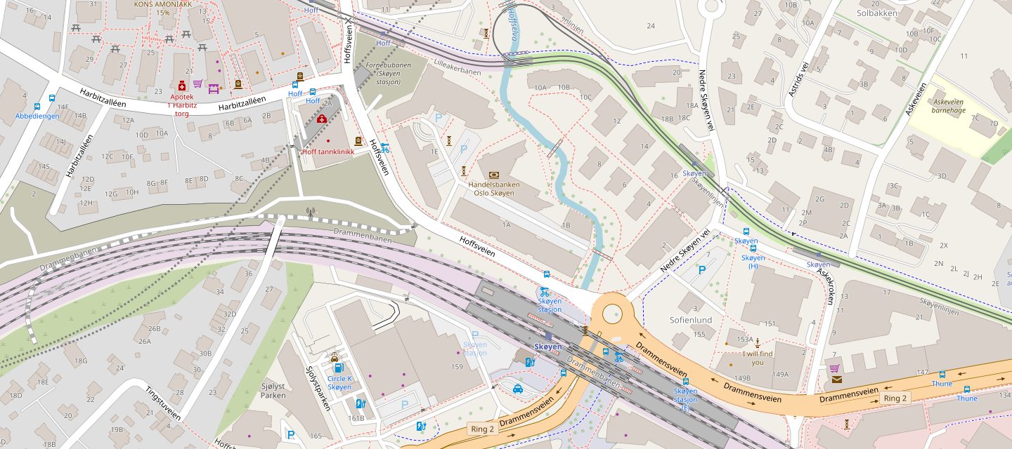 Kart over Sjølyst i Oslo med Hoffsveien 1A markert